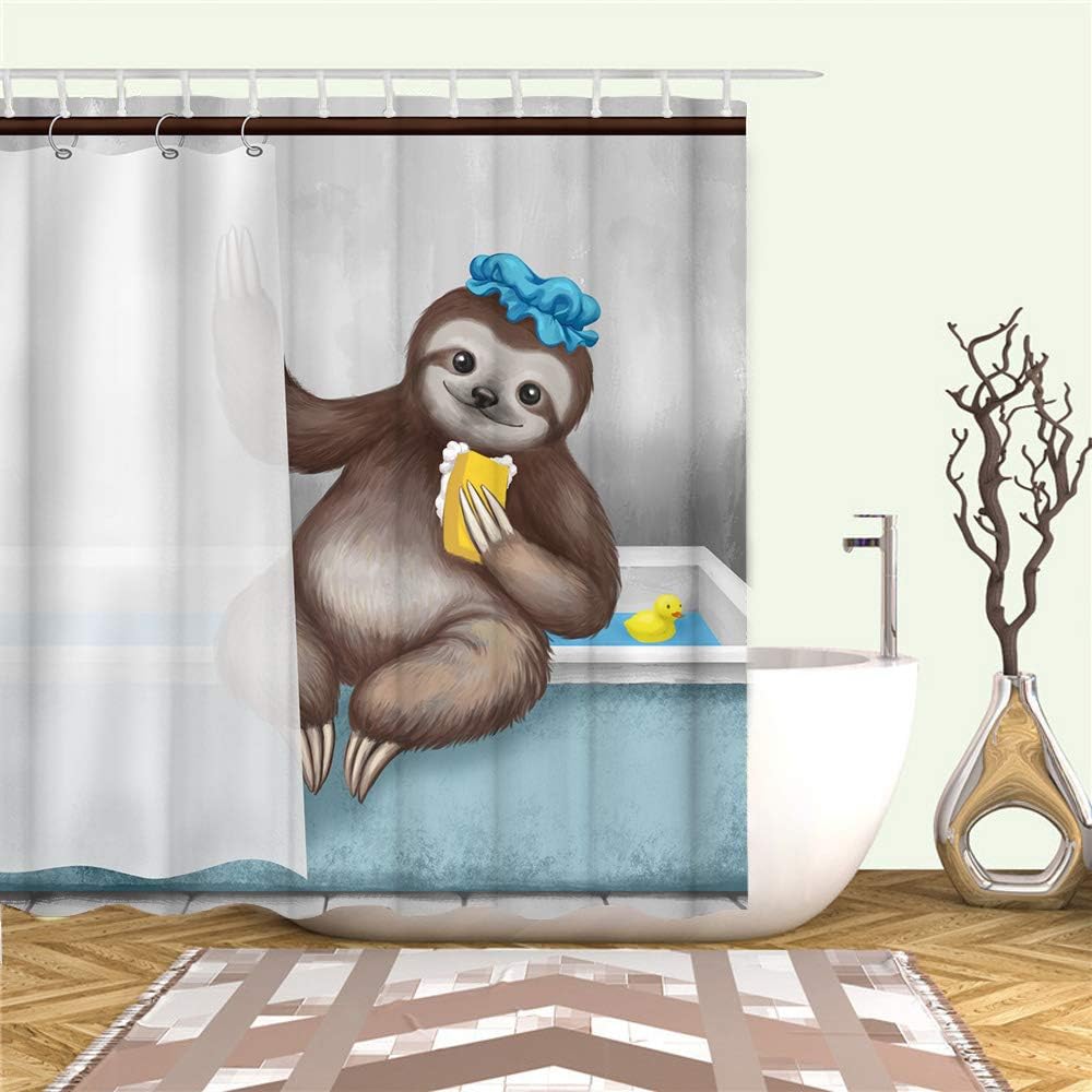 Funny Animal Showering Sloth in Bathing Cap and Sponge Fabric Shower Curtain for Bathroom Decor