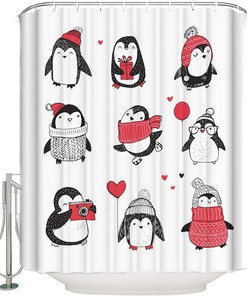 Funny Animal With Red Hat For Christmas Decoration Bath Curtains Waterproof With Cute Penguin Shower Curtain