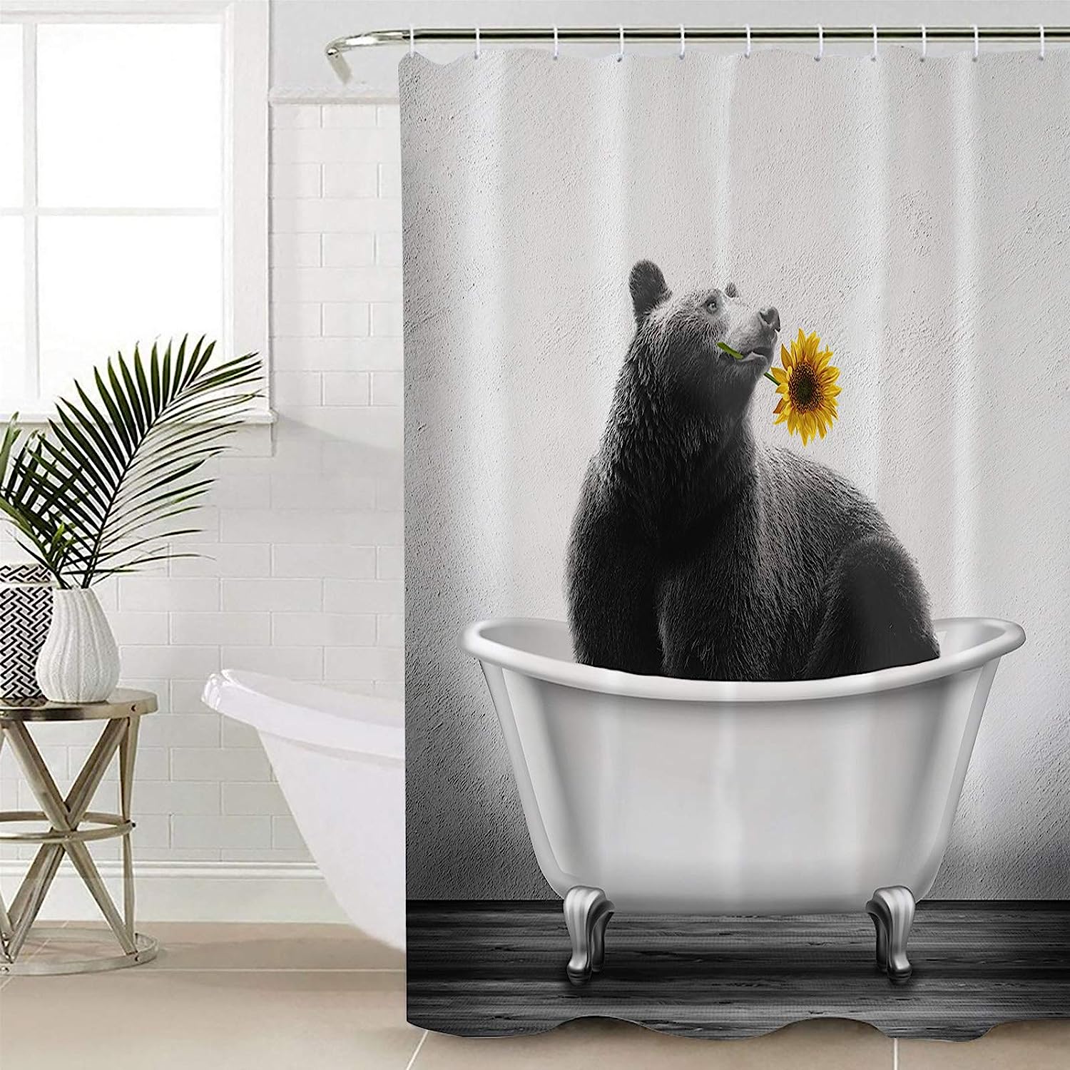 Funny Animals Bathtub Bear with Sunflower Pink Shower Curtain
