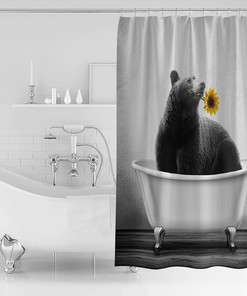 Funny Animals Bathtub Bear with Sunflower Pink Shower Curtain