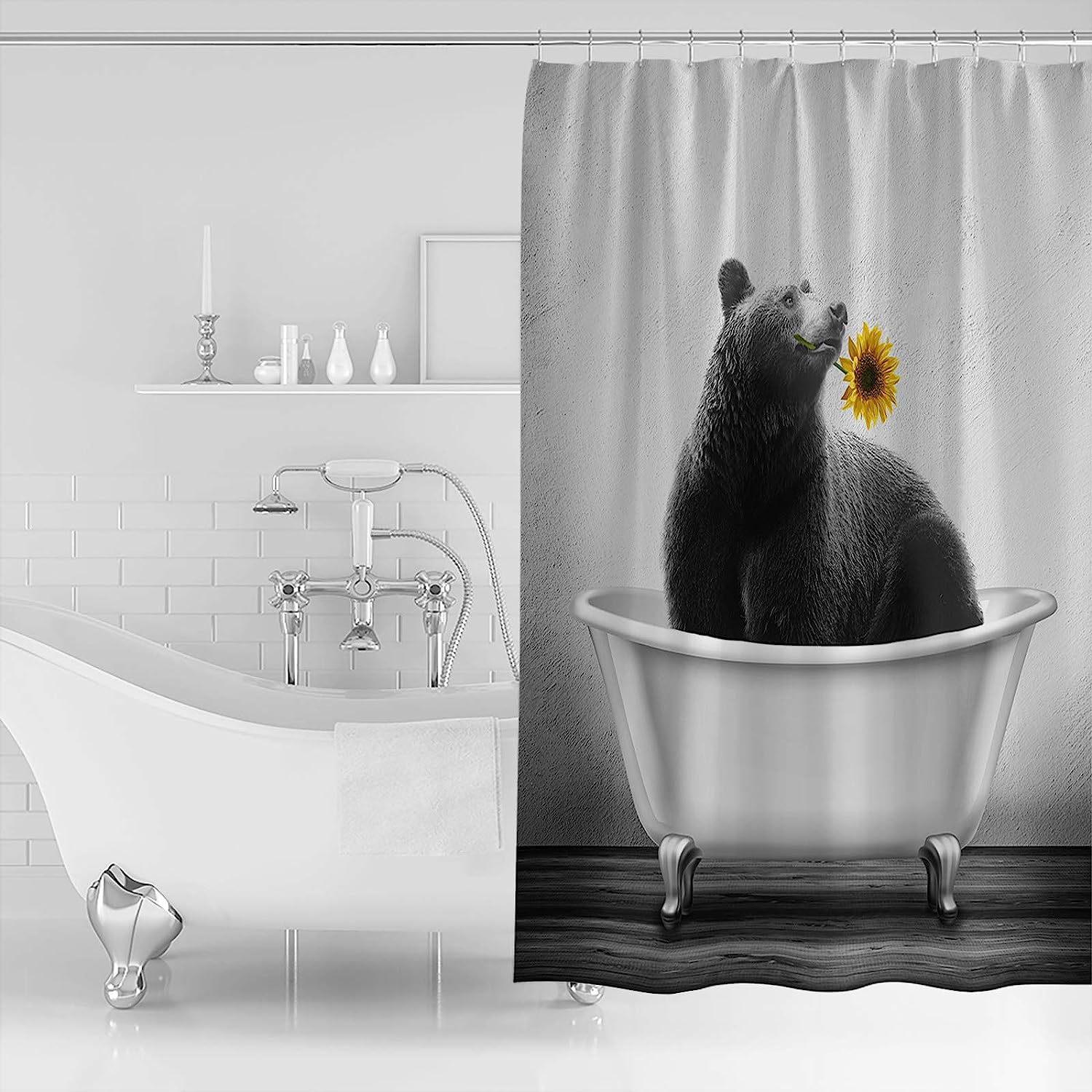 Funny Animals Bathtub Bear with Sunflower Pink Shower Curtain