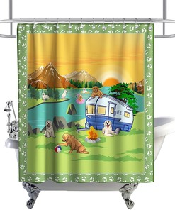 Funny Animals Nature Mountain River Sunset Scenery Theme Fabric Carton Dog Family Camping Shower Curtain