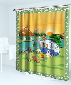 Funny Animals Nature Mountain River Sunset Scenery Theme Fabric Carton Dog Family Camping Shower Curtain