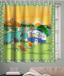 Funny Animals Nature Mountain River Sunset Scenery Theme Fabric Carton Dog Family Camping Shower Curtain