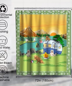 Funny Animals Nature Mountain River Sunset Scenery Theme Fabric Carton Dog Family Camping Shower Curtain