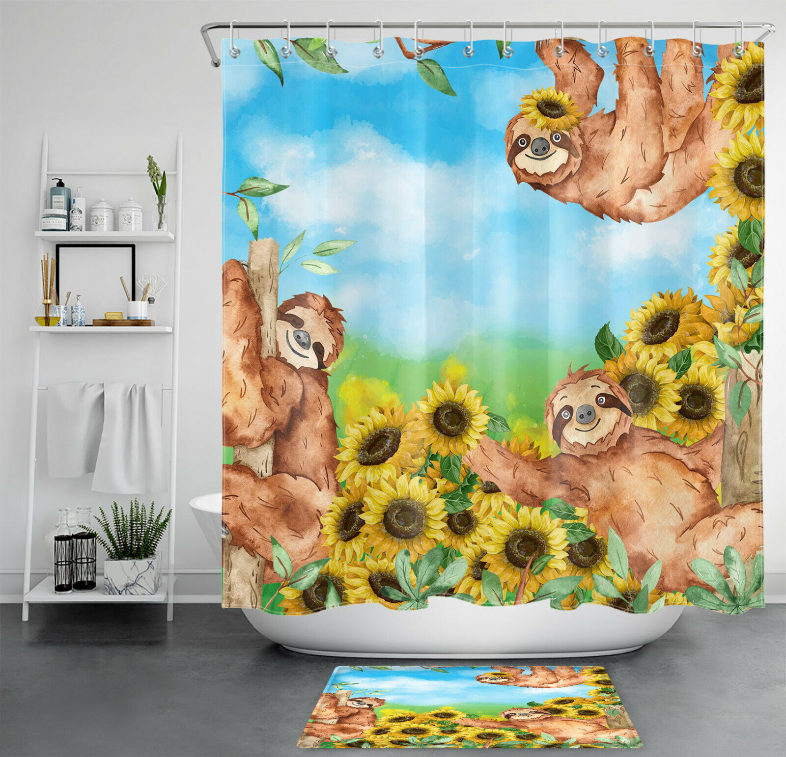 Funny Animals Watercolor Sloth Sunflower Shower Curtain for Bathroom