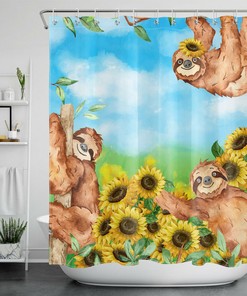 Funny Animals Watercolor Sloth Sunflower Shower Curtain for Bathroom