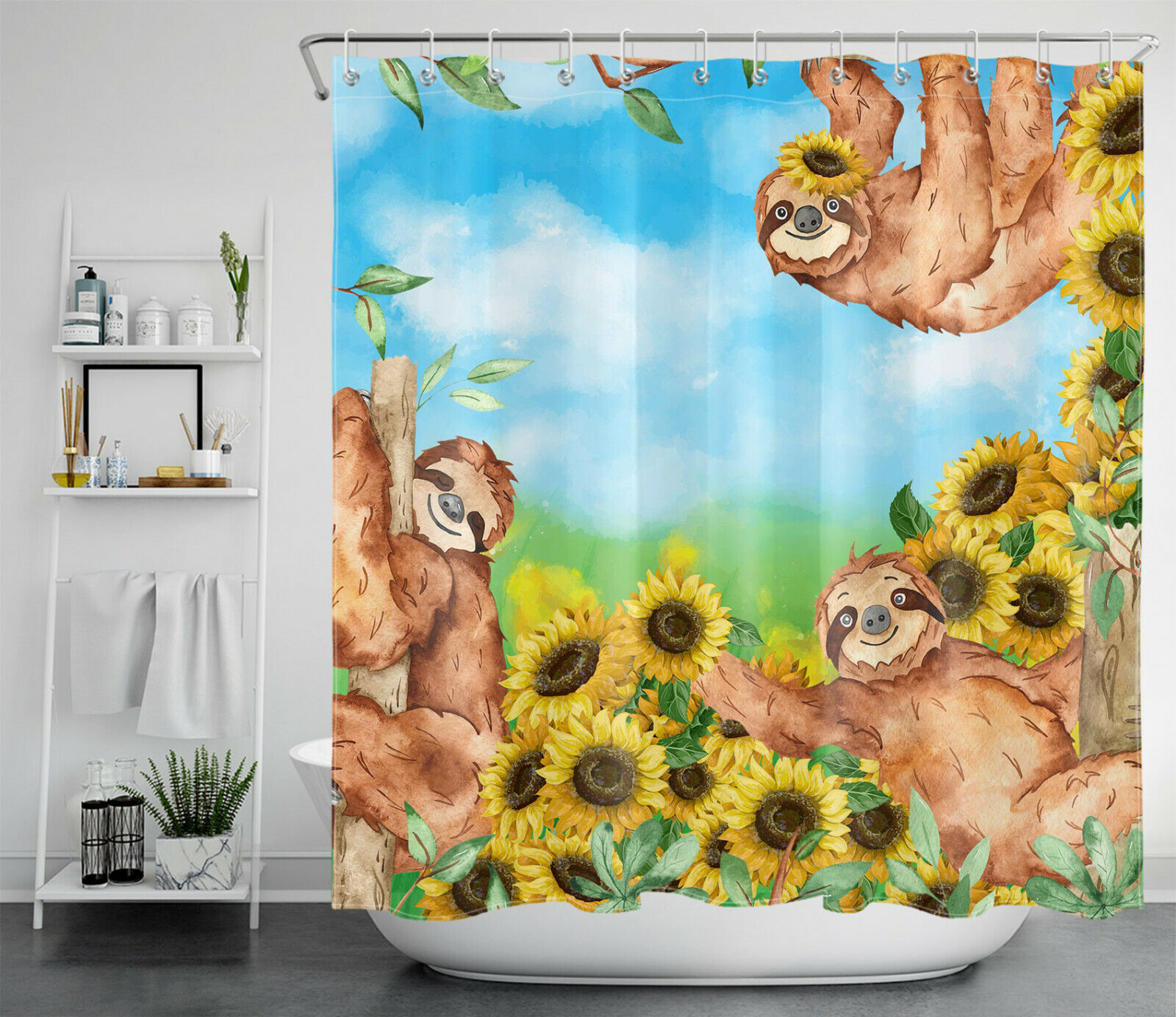 Funny Animals Watercolor Sloth Sunflower Shower Curtain for Bathroom