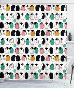 Funny Arctic Characters Penguin Shower Curtain, Cloth Fabric Bathroom Decor with Ice Cream Balloons and Hearts in Color 