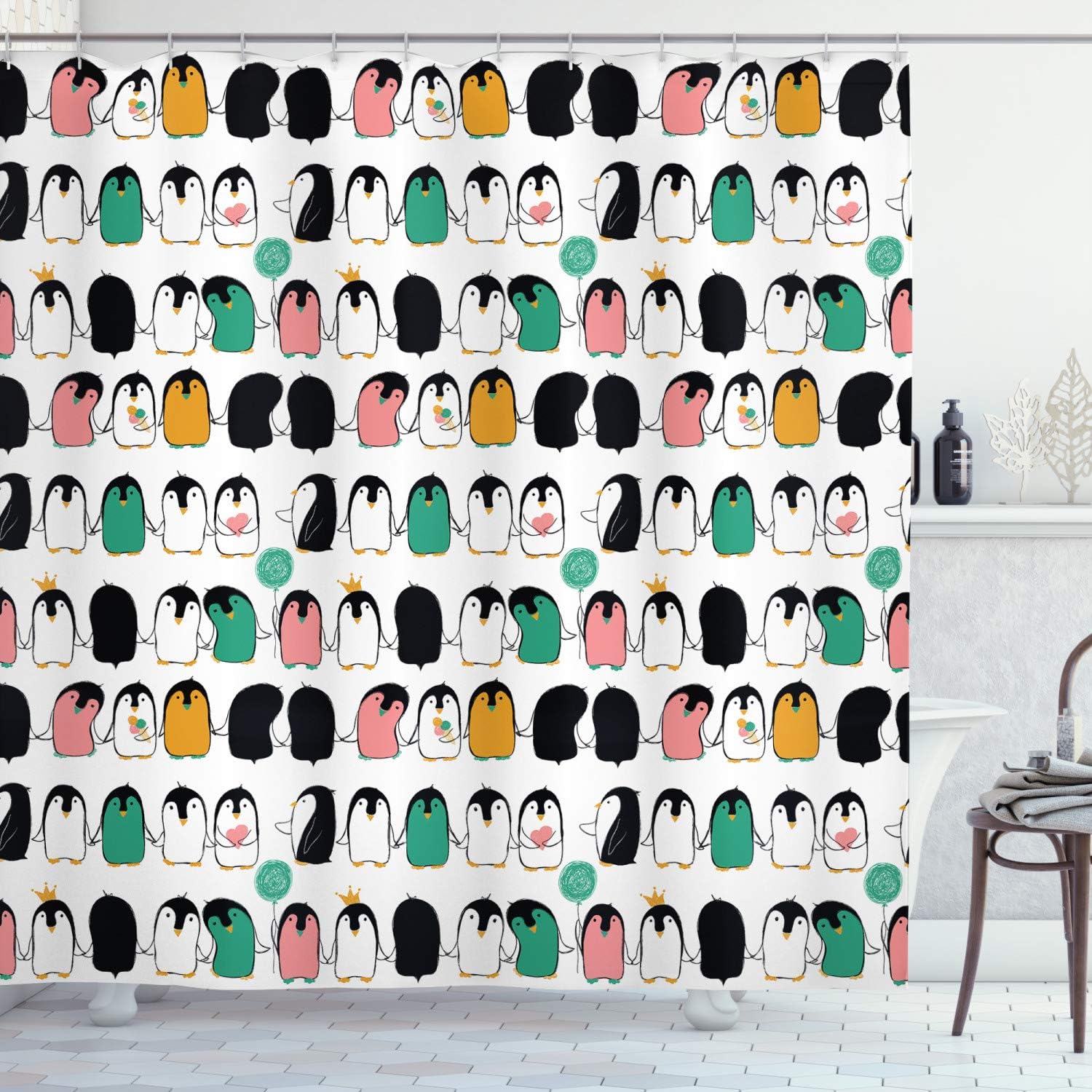 Funny Arctic Characters Penguin Shower Curtain, Cloth Fabric Bathroom Decor with Ice Cream Balloons and Hearts in Color