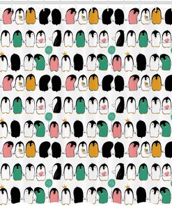 Funny Arctic Characters Penguin Shower Curtain, Cloth Fabric Bathroom Decor with Ice Cream Balloons and Hearts in Color