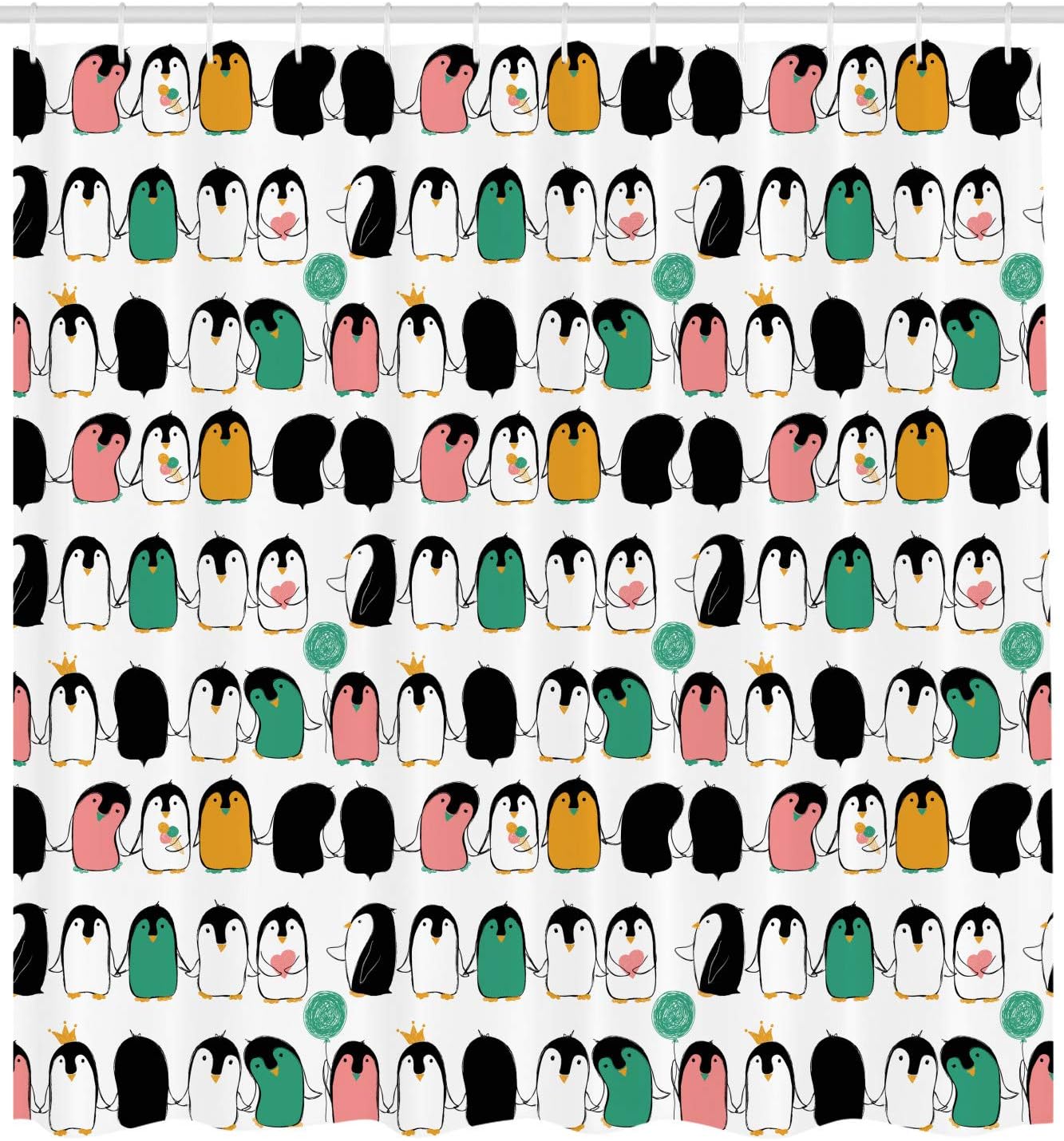Funny Arctic Characters Penguin Shower Curtain, Cloth Fabric Bathroom Decor with Ice Cream Balloons and Hearts in Color