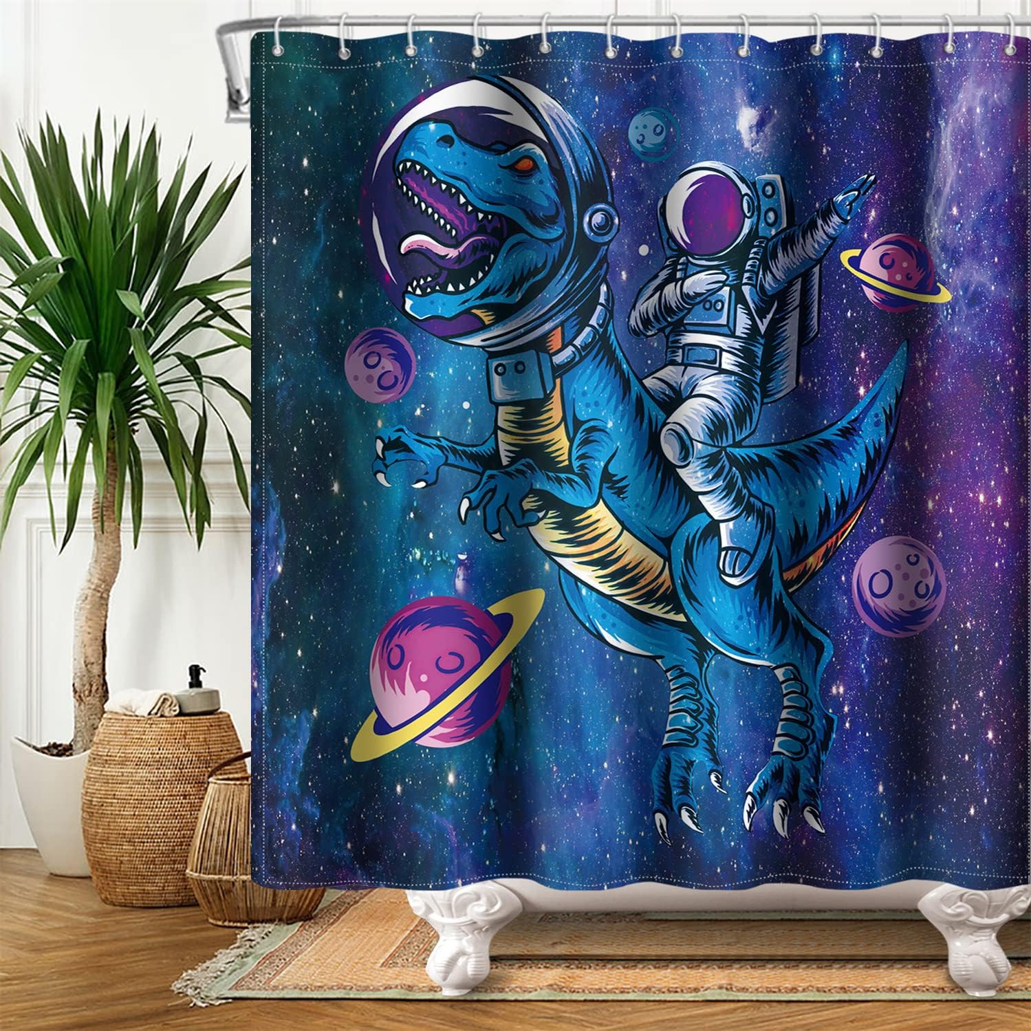 Funny Astronaut Dinosaur Shower Curtain for Kids Bathroom Curtains