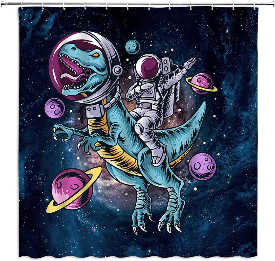 Funny Astronaut Riding Dinosaur Blue Galaxy Outer Space Planet Cute Hippie Creative Nursery Mayijon Shower Curtain