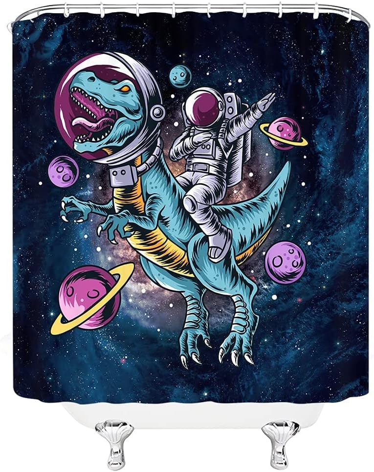 Funny Astronaut Riding Dinosaur Blue Galaxy Outer Space Planet Cute Hippie Creative Nursery Mayijon Shower Curtain