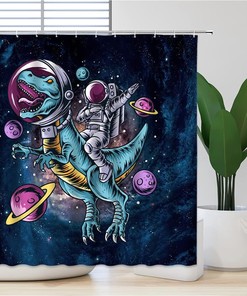 Funny Astronaut Riding Dinosaur Blue Galaxy Outer Space Planet Cute Hippie Creative Nursery Mayijon Shower Curtain