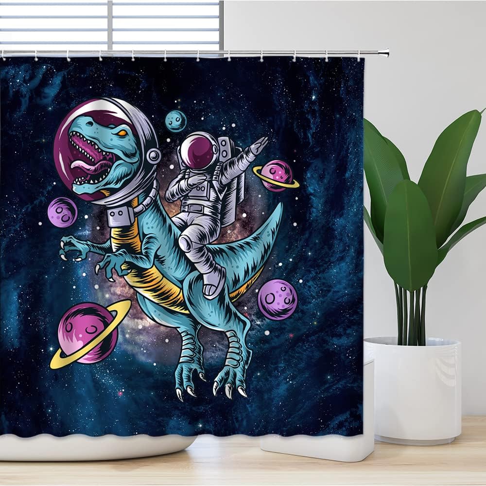 Funny Astronaut Riding Dinosaur Blue Galaxy Outer Space Planet Cute Hippie Creative Nursery Mayijon Shower Curtain