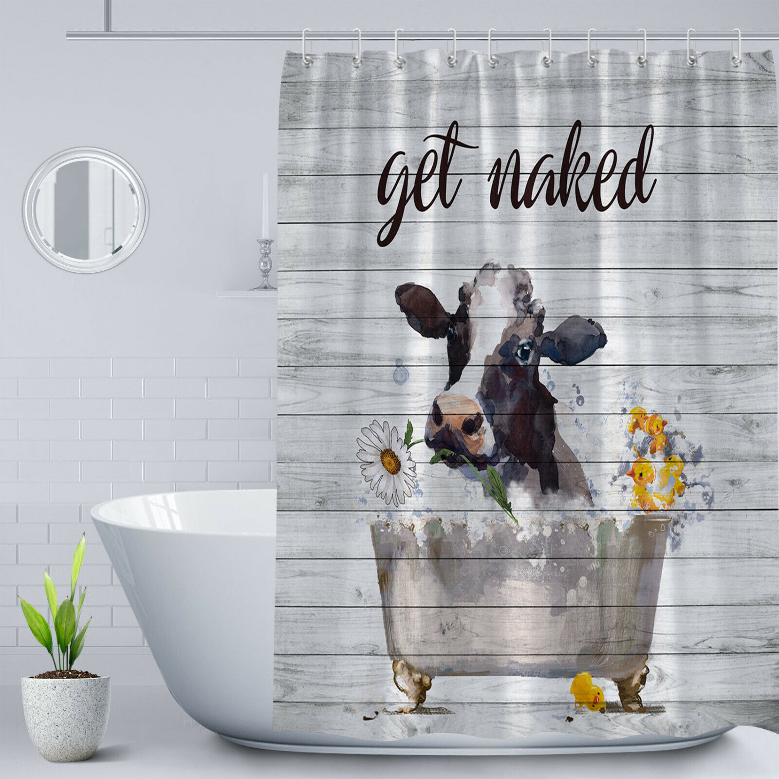 Funny Bathing Cow Shower Curtain Rustic Farmhouse Daisy Bathroom Decor