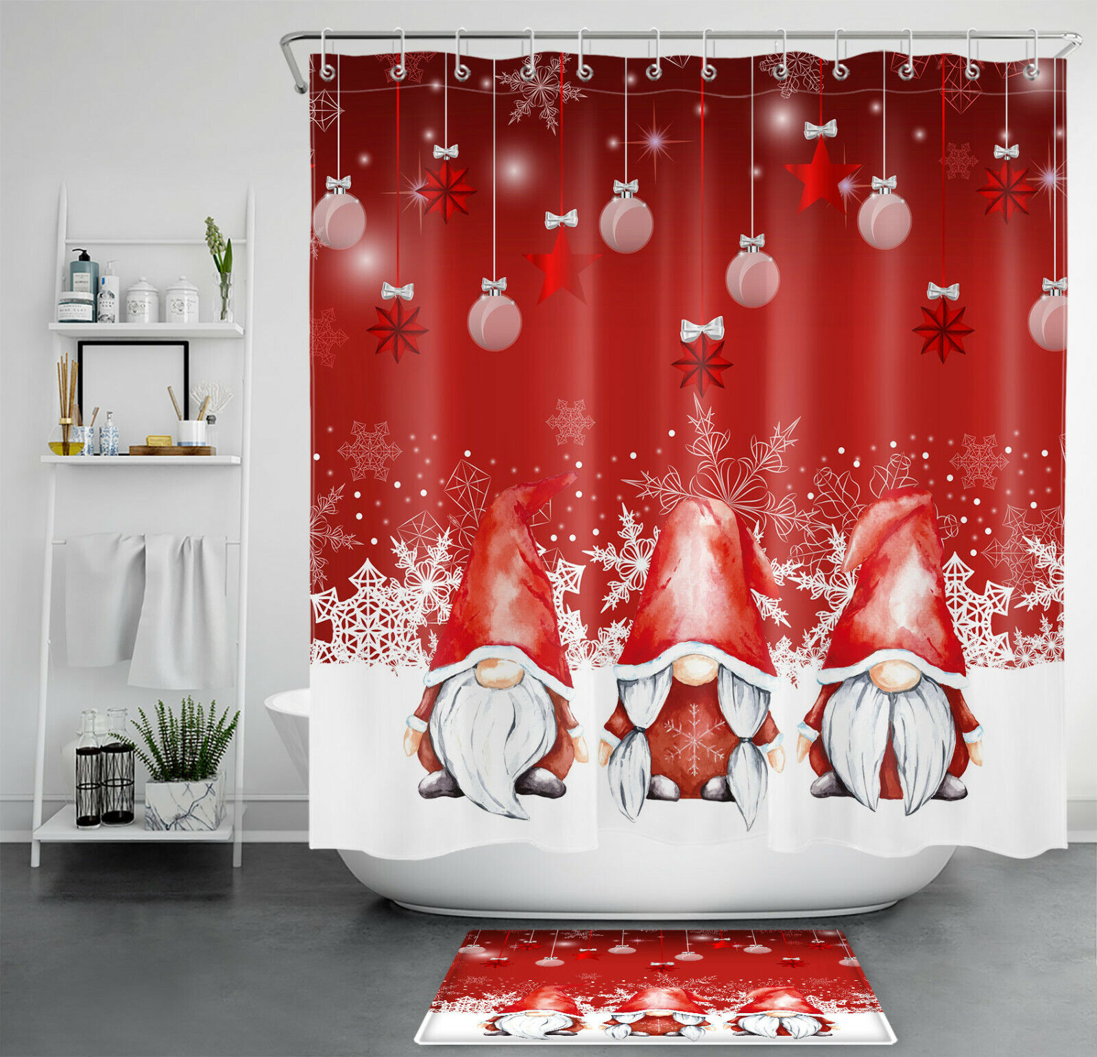 Funny Bathroom Accessories Set Red Gnome Christmas Ball Snowflake Shower Curtain