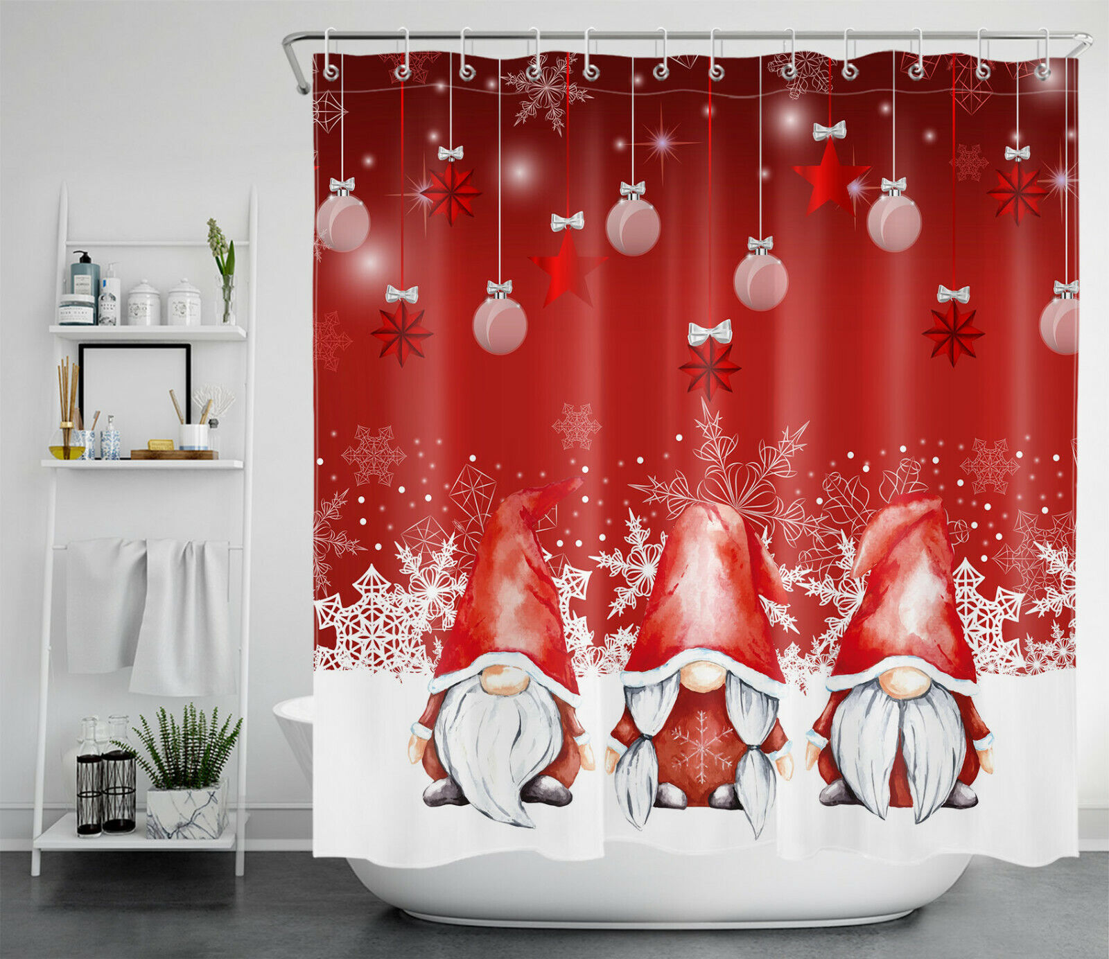 Funny Bathroom Accessories Set Red Gnome Christmas Ball Snowflake Shower Curtain - Image 2