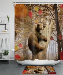 Funny Bear And Owl Shower Curtain With Fall Forest And Falling Leaves Design