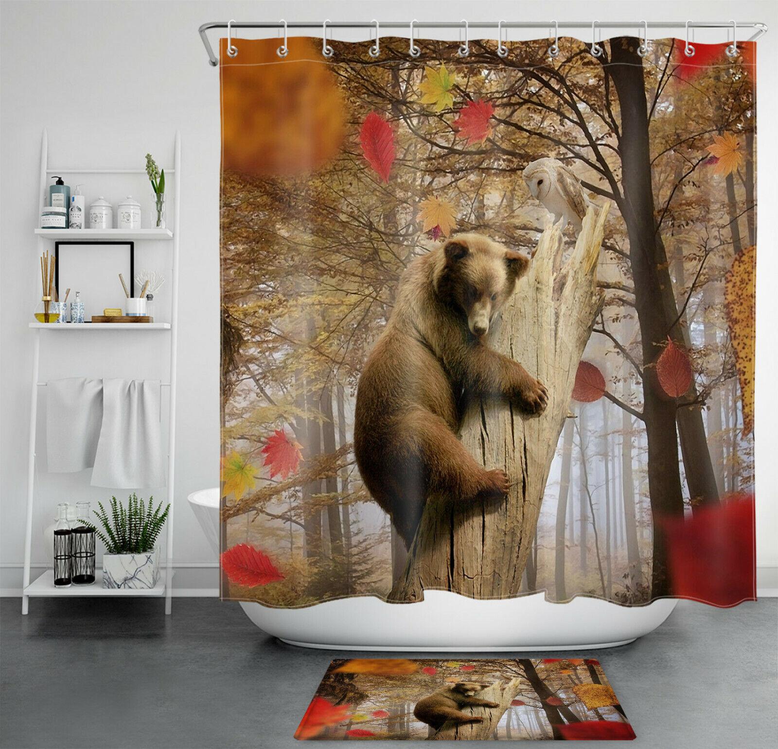 Funny Bear And Owl Shower Curtain With Fall Forest And Falling Leaves Design