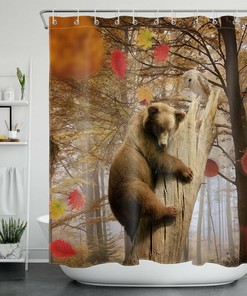 Funny Bear And Owl Shower Curtain With Fall Forest And Falling Leaves Design