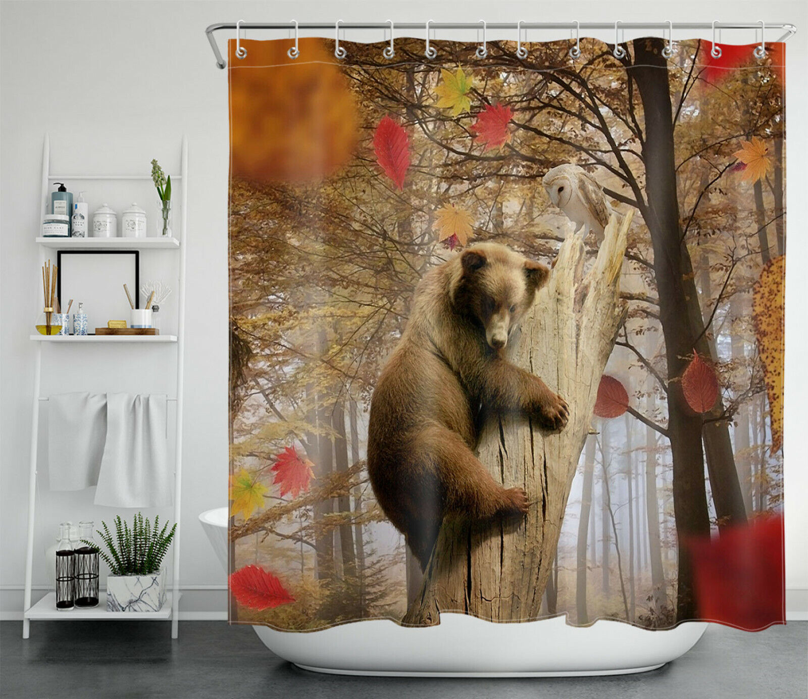 Funny Bear And Owl Shower Curtain With Fall Forest And Falling Leaves Design