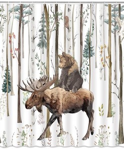 Funny Bear Deer Forest Tree Rustic Shower Curtain For Lodge Bathroom Decor
