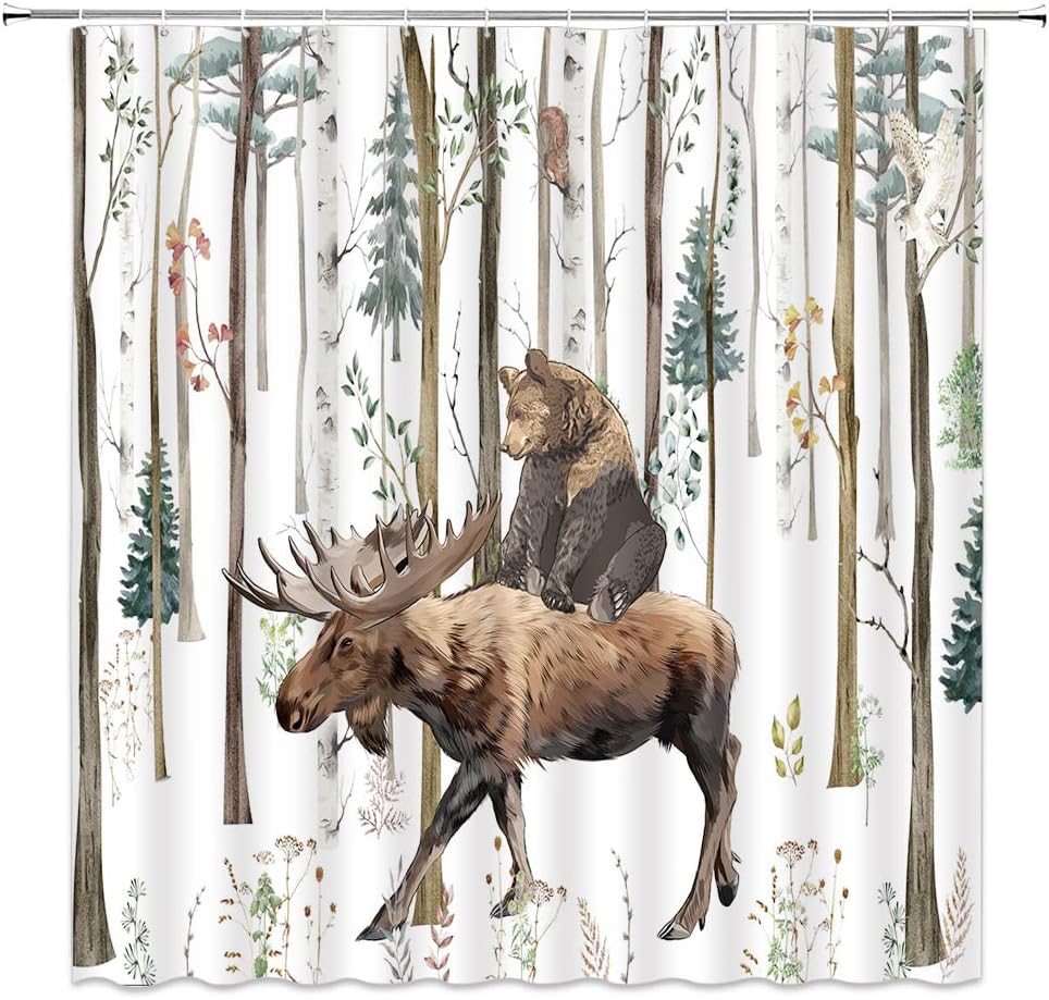 Funny Bear Deer Forest Tree Rustic Shower Curtain For Lodge Bathroom Decor