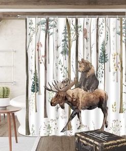 Funny Bear Deer Forest Tree Rustic Shower Curtain For Lodge Bathroom Decor