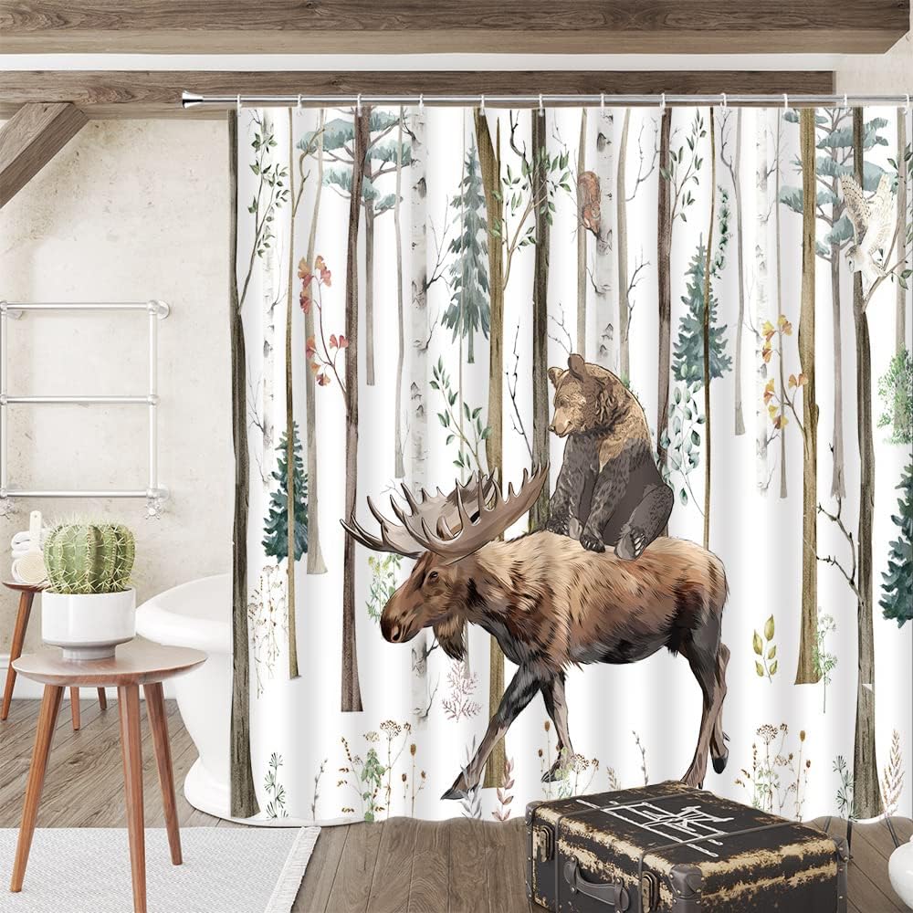Funny Bear Deer Forest Tree Rustic Shower Curtain For Lodge Bathroom Decor