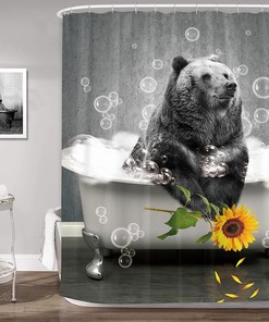 Funny Bear and Sunflower Art Printed Waterproof Fabric Shower Curtain for Farmhouse Bathroom Decor