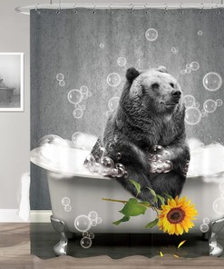 Funny Bear and Sunflower Art Printed Waterproof Fabric Shower Curtain for Farmhouse Bathroom Decor