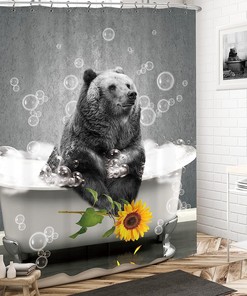 Funny Bear and Sunflower Art Printed Waterproof Fabric Shower Curtain for Farmhouse Bathroom Decor