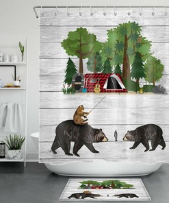 Funny Black Bear Cat Forest Camping Tent Shower Curtain For Bathroom Decor