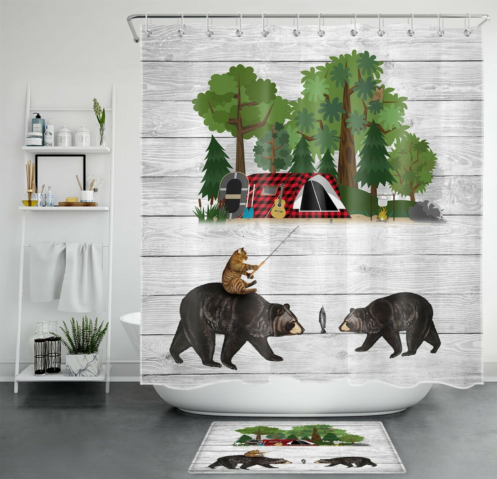 Funny Black Bear Cat Forest Camping Tent Shower Curtain For Bathroom Decor