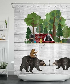 Funny Black Bear Cat Forest Camping Tent Shower Curtain For Bathroom Decor
