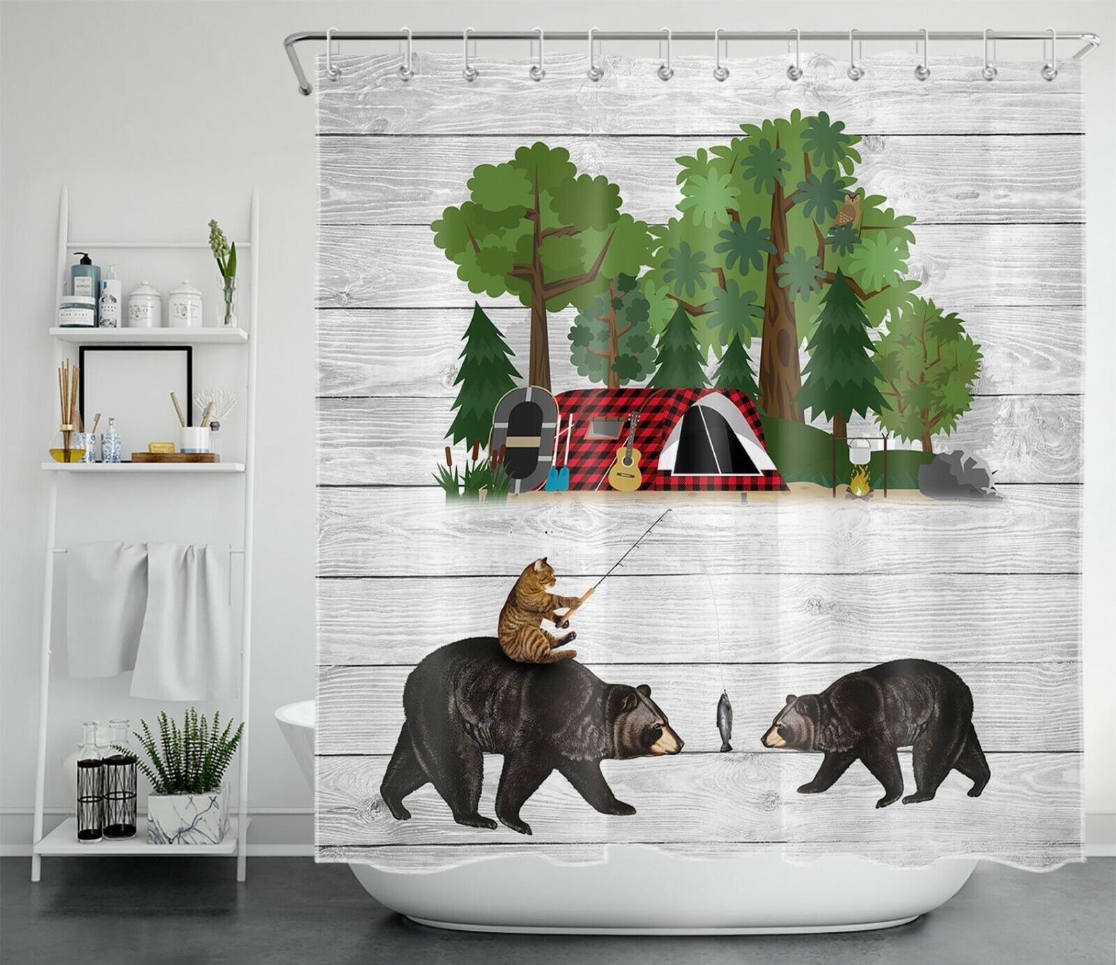 Funny Black Bear Cat Forest Camping Tent Shower Curtain For Bathroom Decor