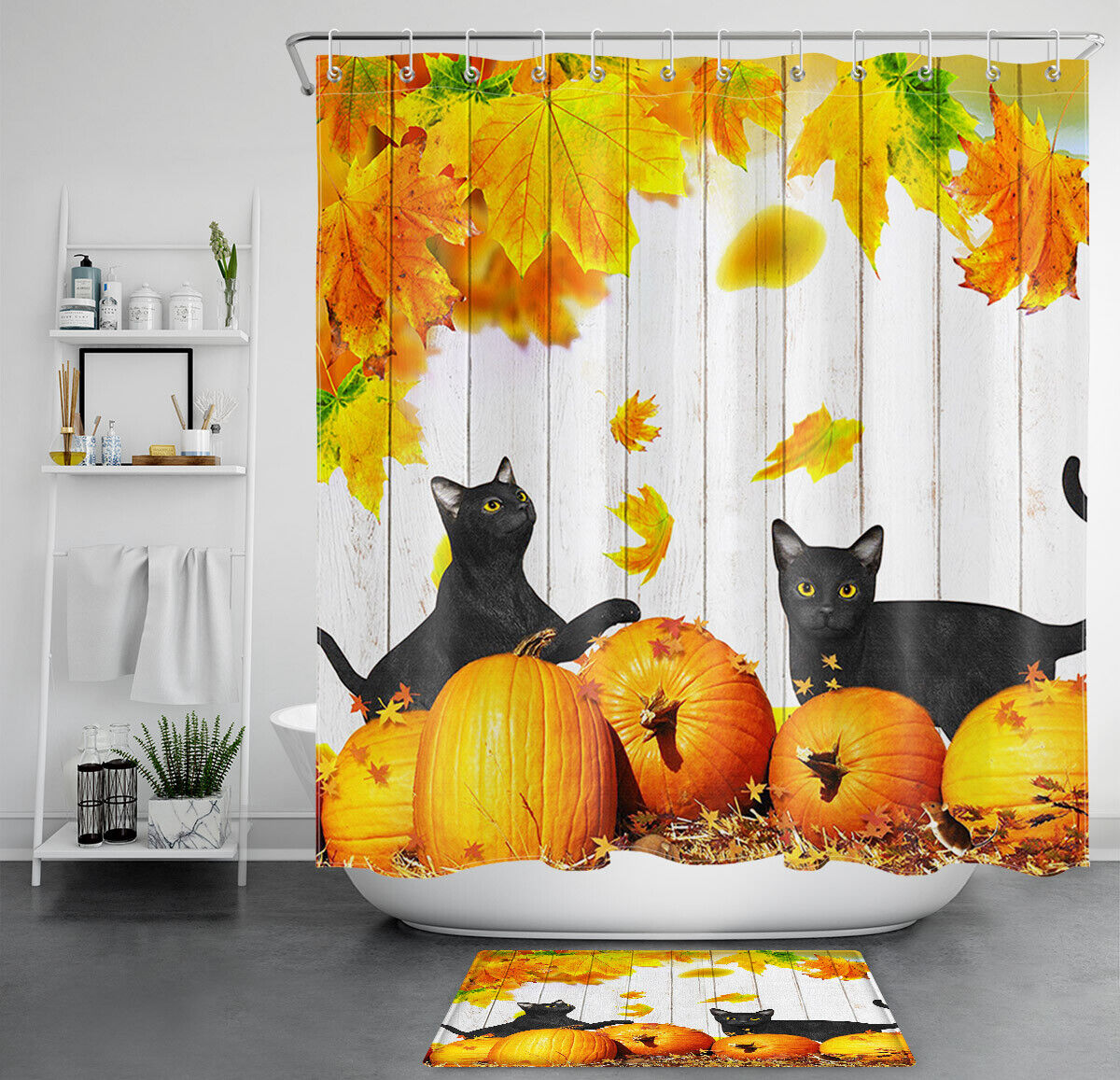 Funny Black Cats And Autumn Pumpkin Maple Leaves Shower Curtain Waterproof Fabric