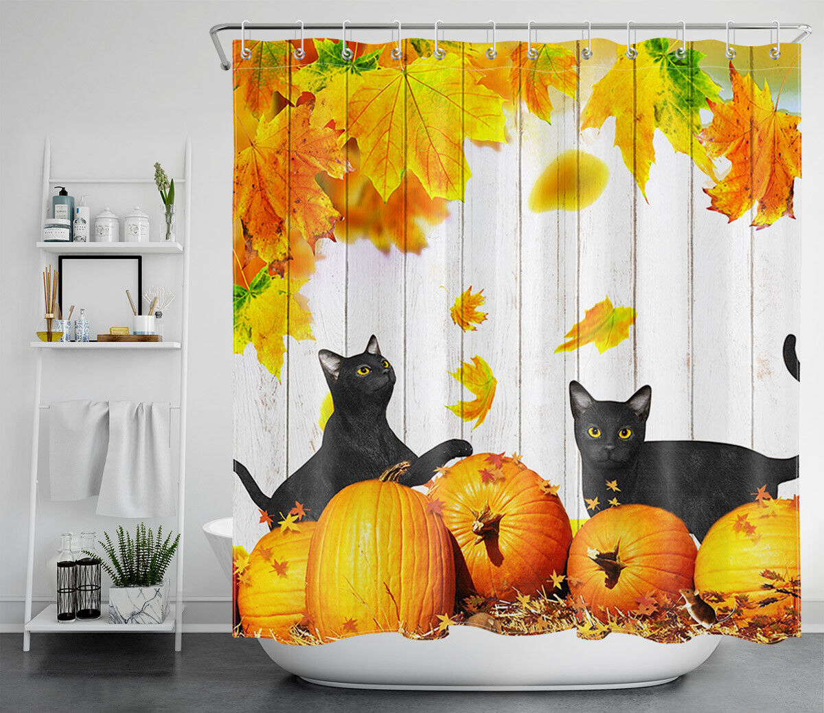 Funny Black Cats And Autumn Pumpkin Maple Leaves Shower Curtain Waterproof Fabric - Image 2