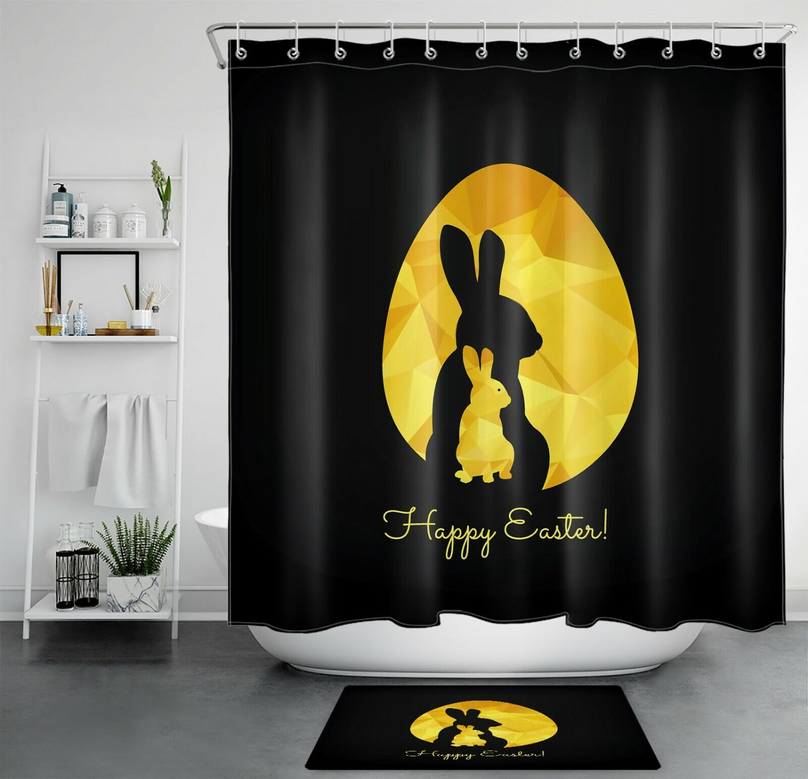 Funny Black Rabbit And Golden Easter Eggs Shower Curtain For Bathroom Accessories
