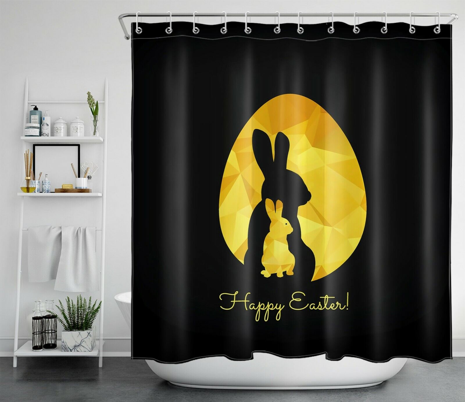 Funny Black Rabbit And Golden Easter Eggs Shower Curtain For Bathroom Accessories