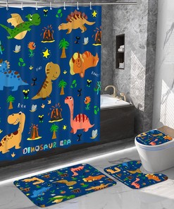 Funny Blue Cartoon Dinosaur Kids Shower Curtain - Bathroom Decor with Cartoon Space Elements