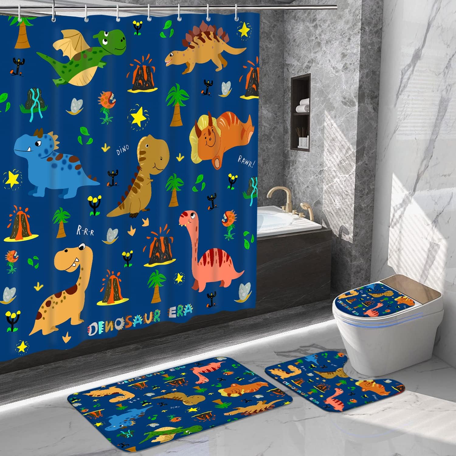 Funny Blue Cartoon Dinosaur Kids Shower Curtain - Bathroom Decor with Cartoon Space Elements