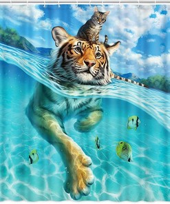 Funny Blue Sea Tiger Cat Print Shower Curtain Waterproof Fabric for Family-Friendly Bathroom Decor