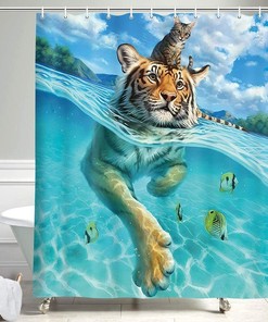 Funny Blue Sea Tiger Cat Print Shower Curtain Waterproof Fabric for Family-Friendly Bathroom Decor