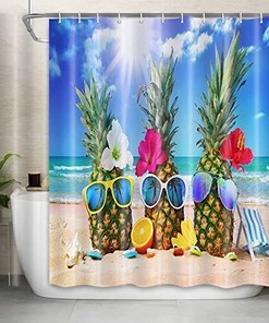 Funny Blue Tropical Pineapple Summer Shower Curtain For Beach And Ocean Lovers, Great Bathroom Decor Idea 