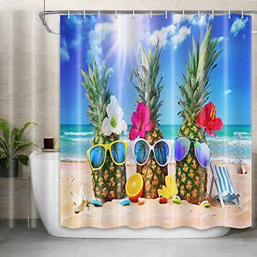 Funny Blue Tropical Pineapple Summer Shower Curtain For Beach And Ocean Lovers, Great Bathroom Decor Idea