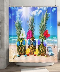 Funny Blue Tropical Pineapple Summer Shower Curtain For Beach And Ocean Lovers, Great Bathroom Decor Idea